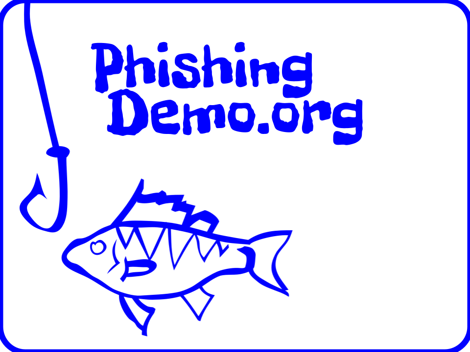 A blue rectangle surrounds the words ‘PhishingDemo.org’ and a stylistic line drawing of a fancy fish swimming towards a fishing hook.
